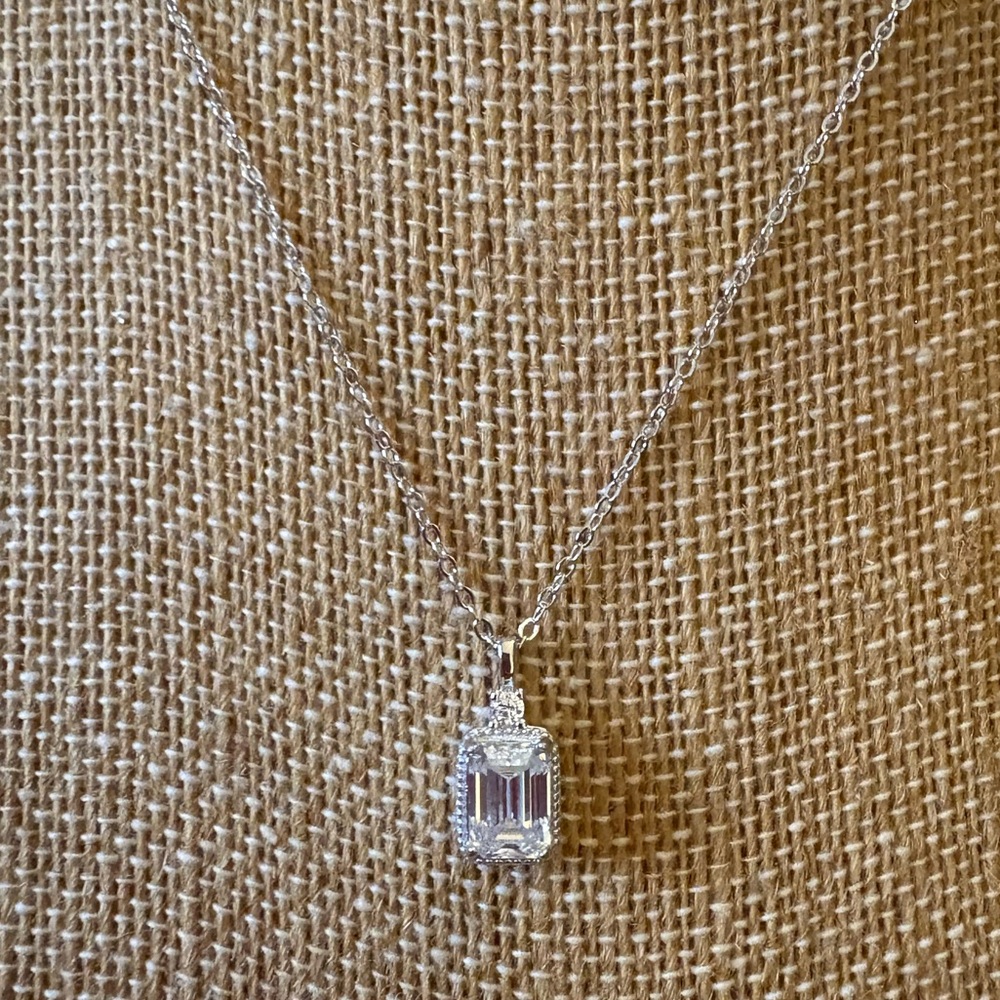 Solid Sterling Silver One Carat Emerald Cut Moissanite Necklace